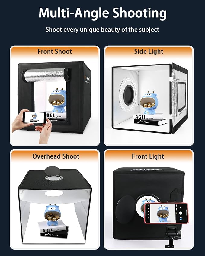 DUCLUS Light Box Photography, 12"x12" Photo Booth Box with 120 LED Lights Dimmable & CRI＞95, Portable Lightbox with 8 Backdrops for Mini Product Photography: Jewelry, Cards, Watches
