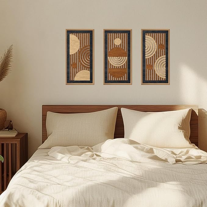 IARTTOP 3Pcs Mid Century Modern Wall Decor Framed Geometric Wood Wall Art Set Minimalist Abstract Line Panel Hanging Decor for Living Room Bedroom Office 8 x 16 Inch