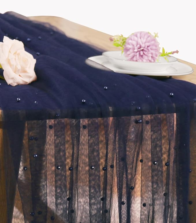 Pearl Table Runner 29 x 120 Inch Tulle Fabric Lace Table Runners for Bridal Shower Birthday Party Wedding Arch Dessert Table Decor(1 Pack, Navy Blue)