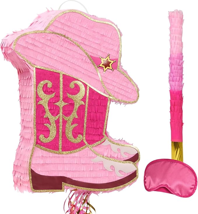 WERNNSAI Cowgirl Boot Piñata - Western Hat Piñata with Blindfold and Bat Cowgirl Party Decorations Girls Birthday Party Favors for Adults Kids Horse Racing Party Supplies