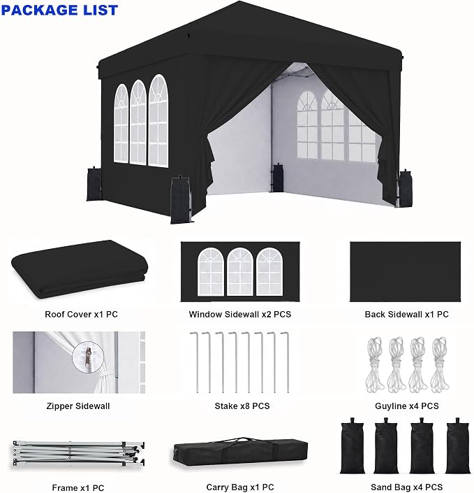 SANWAY 10x10 Pop Up Canopy with Sidewalls, Easy Setup Instant Canopy Tent, Portable with Carry Bag for Outdoor Events, Camping, and Backyard Parties – Black