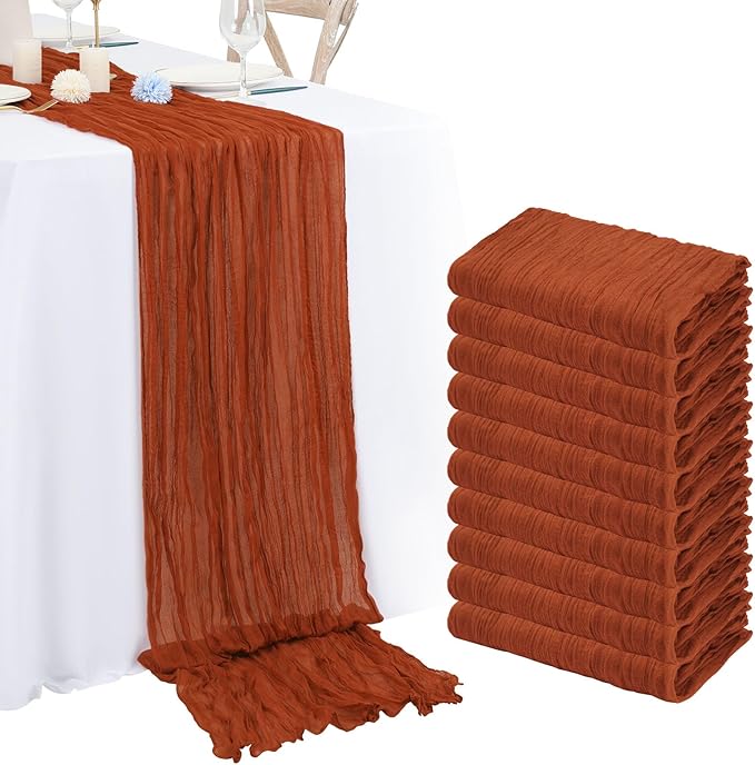 10 Pack Terracotta Cheesecloth Table Runner 10FT Boho Romantic Gauze Table Runner 20 x 120 Inch Rustic Sheer Runner for Wedding Party Bridal Shower Thanksgiving Christmas Decoration