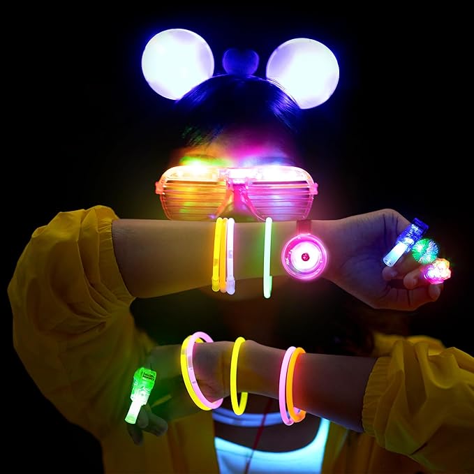 Mocoosy 103PCS Glow in the Dark Party Supplies, Light Up Party Favors for Kids, Halloween Carnival Neon Toys Bulk Party Pack With Glow Sticks, Glasses, LED Bracelets, Finger Lights, Ring, Headbands