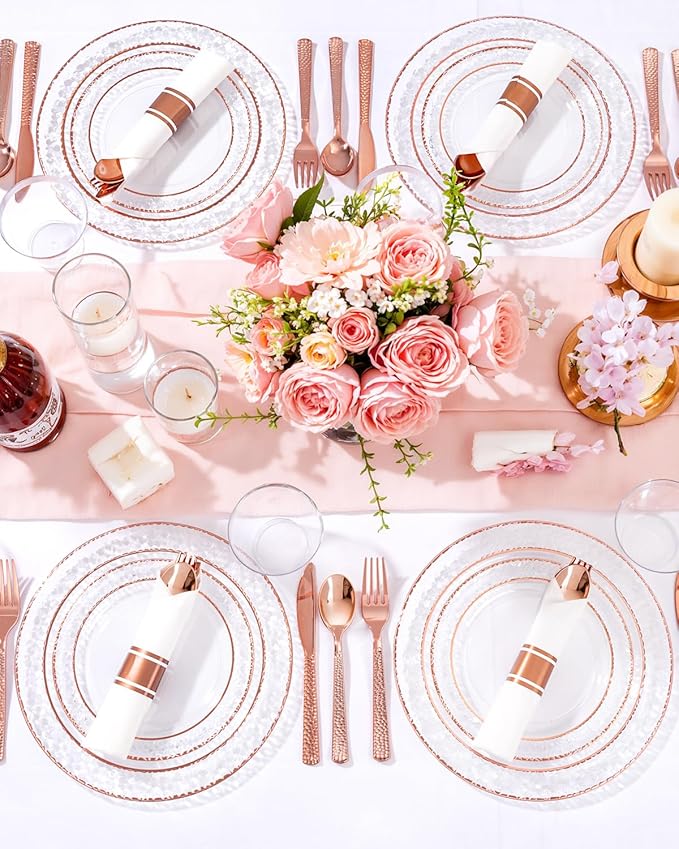 Ciaell 350PCS Rose Gold Plastic Plates - Clear Rose Gold Disposable Plates with Plastic Silverware include 100Plates, 150Silverware, 50Cups, 50Napkins for Wedding & Party & Mother's Day
