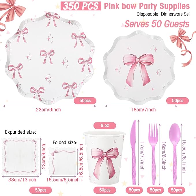Ziliny 350 Pcs Bow Pink Party Supplies Tableware Set Disposable 9'' 7'' Paper Plates 9 oz Cups Cutlery Napkins Dinnerware Set for 1st Birthday, Serve 50 (Bow, Pink)