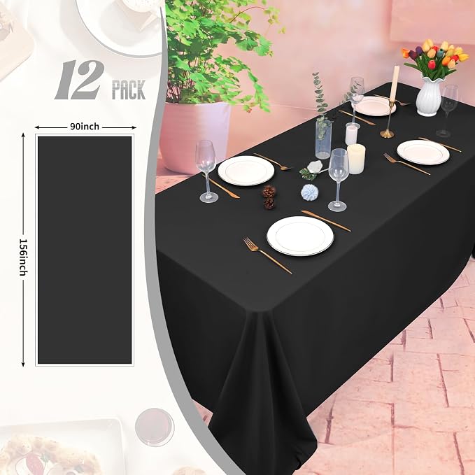12 Pack Black Tablecloth 90x156 Inch Rectangular Table Cover | Wrinkle Resistant, Machine Washable Reusable, Wedding, Banquet, Restaurant, Party, Baby Shower,Indoor Outdoor Events
