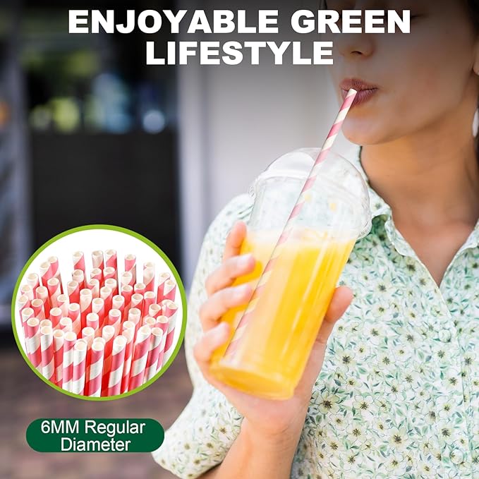10.25" Long Pink/White Striped Disposable Paper Drinking Straws Bulk - Unwrapped [600 Counts]