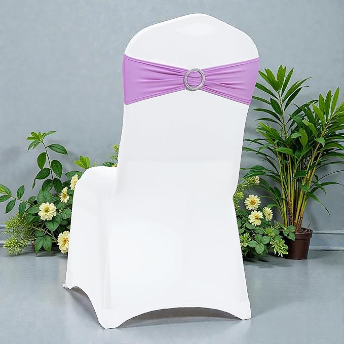 VDS - Light Purple | Spandex Chair Sashes Bows | 125 PCS | Stretch Elastic Banquet Universal Folding Chair Band Tie with Silver Buckle Slider for Wedding Party Conference Celebration Event Decoration