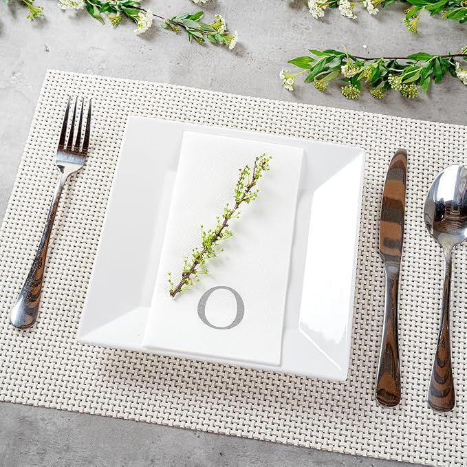 Luxenap 15.8 X 7.9 Inch Linen-Feel Guest Towels, 50 Lettered Hand Towels - Silver Letter 'O', Sans Serif Font, White Paper Dinner Napkins, airlaid, For Restrooms And Tables - Restaurantware