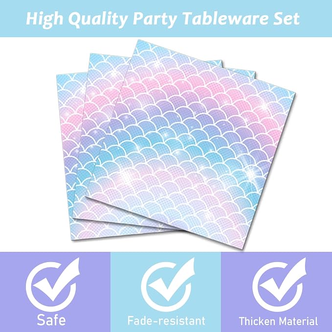 ZOIIWA 96 Pieces Mermaids Themed Party Decorations Mini Under the Sea Tableware for Girls Clam Shell Dessert Plates Napkins Forks for 24 Guests Birthday Party Favors