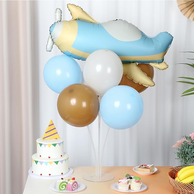 Airplane Baby Shower Birthday Party Decorations Balloons Stand Kit 2 Sets with 2 Airplane Cloud Foil Balloons Baby Boy Shower Balloon Centerpiece for Table for Kid Time Flies 1st Birthday Party Decor