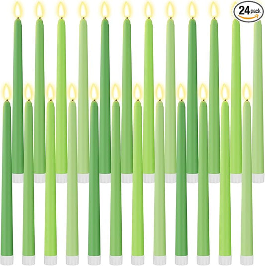 Macarrie 24 Packs Flameless Taper Candles Battery Operated Fake 11 Inch Long Candlelight LED Flameless Candlesticks Flickering Tapered for Summer Fall Wedding(Spring Green)
