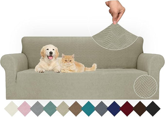 JIVINER Stretch Oversized Sofa Covers 1 Piece 4 Seater Couch Covers Jacquard Universal Sofa Slipcovers for Extra Large Funiture Protector for Kids, Pets (Khaki, XL Sofa)