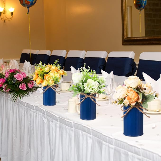 Rustic Vase for Table Centerpieces 4.33 Inch Small Petite Flower Vase with Twine Bow Vintage Farmhouse Decor for Wedding Reception Dining, Home Galvanized Metal Buckets(Dark Blue,12 Pcs)