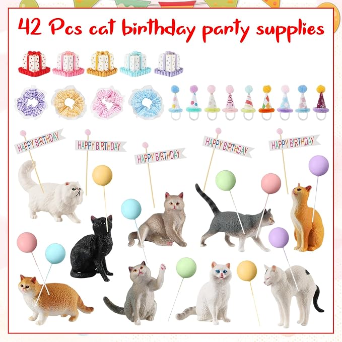 42Pcs Cat Birthday Party Decorations Kit, Mini Cat Figurines Hat Skirt Gift Boxes Balloons & Banners, Cute Cats Cake Cupcake Topper for Animals Themed Birthday Party
