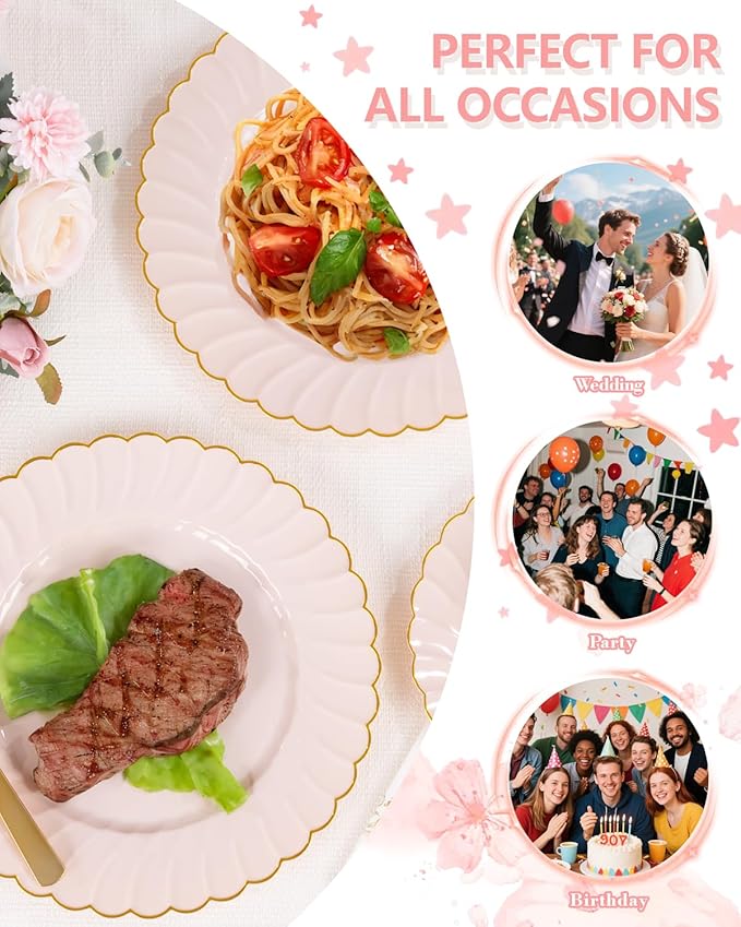YOUBET 175PCS Pink Scalloped Plastic Plates - Gold Disposable Dinnerware Set Include 50 Plates, 75 Gold Silverware, 25 Cups, 25 Napkins for Party & Wedding & Baby Shower Mothers Day