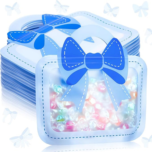 Gilprop 50 Pcs Coquette Bow Party Favors Bow Treat Bags with Handle Plastic Goodie Bags 7.48 x 7.48 Inch for Home Baby Shower Favors Class Party Decoration(Blue)