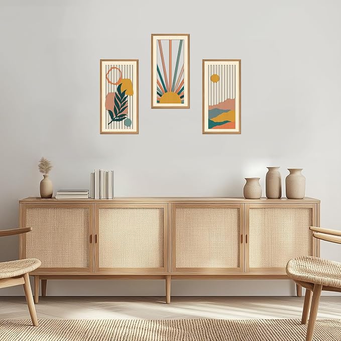 IARTTOP Boho Sunrise Wall Art Framed Set of 3 Mid Century Modern Wood Wall Decor Sage Green Minimalist Botanical Abstract Geometric Art Prints for Living Room Bedroom Office 8 x16Inch