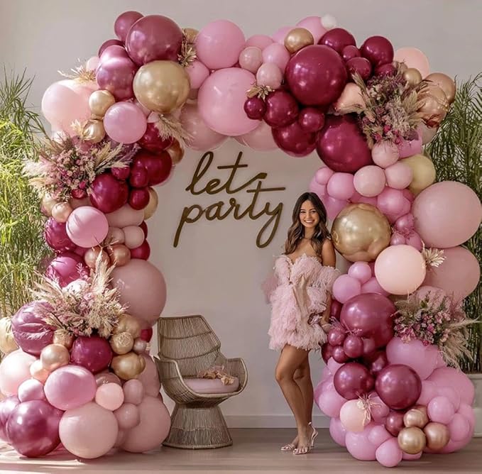 Burgundy Pink Balloon Garland Double Stuffed Pastel Light Pink Gold Mauve Balloons Maroon Lavender Latex Plum Balloon Arch Kit for Birthday Galentine Wedding Baby Shower Decoration