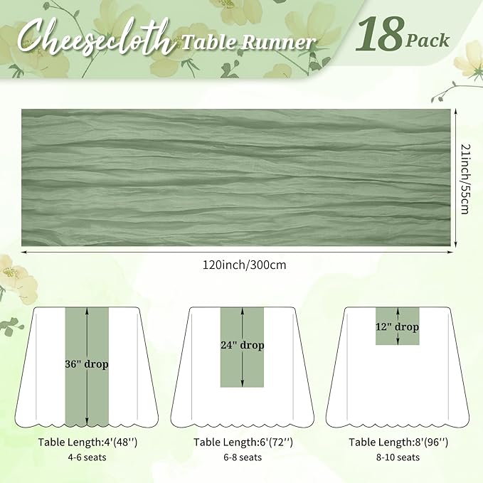 18 Pack Cheesecloth Table Runner Sage Green 10Ft Rustic Boho Gauze Table Runner Romantic Long Sheer Fabric Cheesecloth Table Runner for Wedding Festival Birthday Anniversary Dinner Outdoor Events