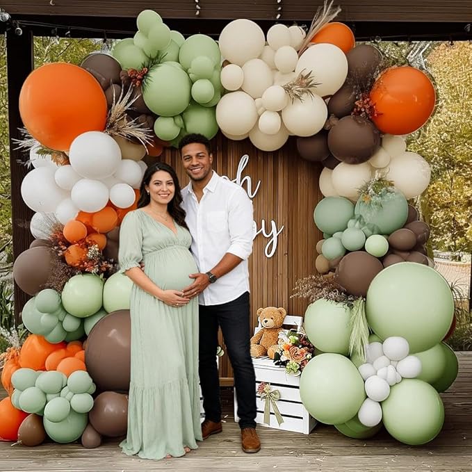 Balloon Arch Kit - Double Stuffed Dusty Green Orange Brown Beige Balloons for Neutral Baby Showers Woodland Wild One Dinosaur Birthday Decorations