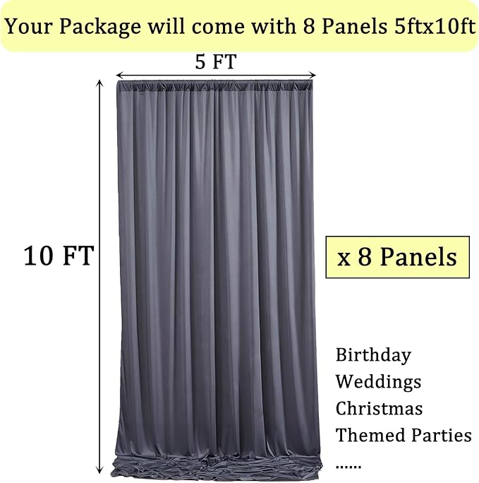 40ftx10ft Wrinkle Free Charcoal Backdrop Curtains for Parties, 8 Panels 5x10ft Silky Polyester Photo Backdrop Drapes for Wedding Birthday Photography Background Backdrop Stand