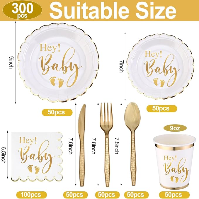400 Pcs Baby Gender Reveal Plates and Cups and Napkins Sets with Forks Spoon Party Supplies Baby Shower Paper Tableware Gender Reveal Decorations Disposable Cutlery, Serves 50(Gold,Hey)