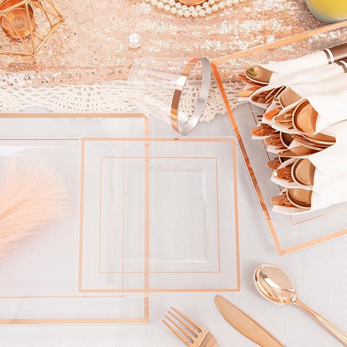 DaYammi 175 PCS Rose Gold Plastic Plates, Rose Gold Plastic Dinnerware Sets Includes: 25 Dinner Plates, 25 Salad Plates, 25 Pre Rolled Napkins with silverware 25 Cups 9 OZ, Perfect for Mother's Day