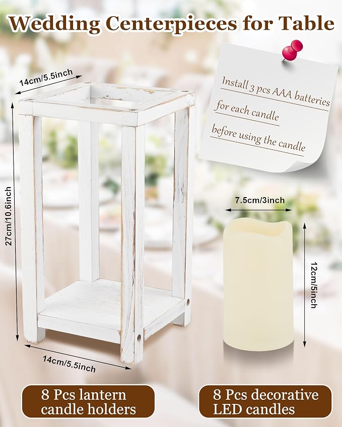 Huquary 16 Pcs Wooden Wedding Lantern Centerpiece Includes 8 Rustic Wooden Lantern Centerpiece and 8 Flameless Candle Holder for Farmhouse Rustic Table Decorations Party Gift(White)