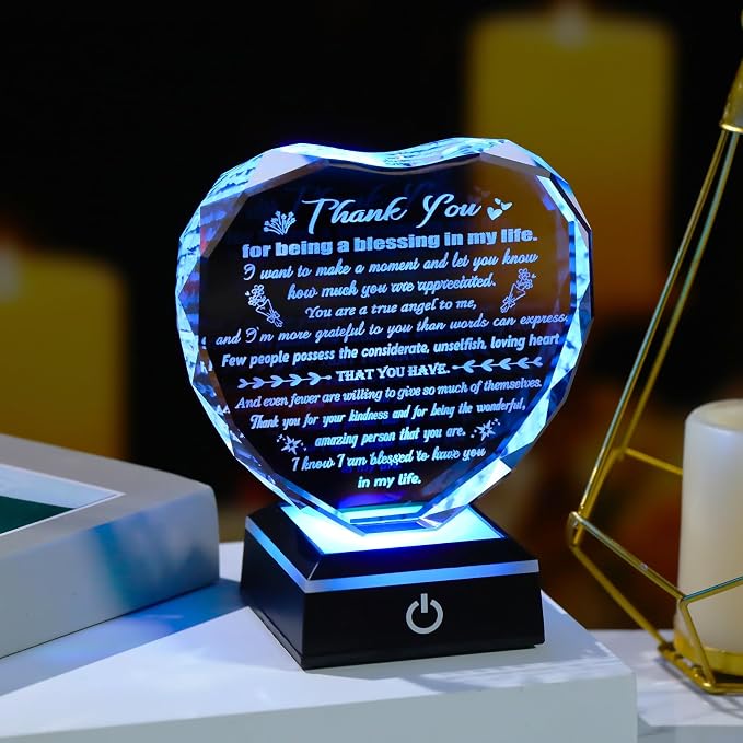 Arikyrist Thank You Gifts for Women Men Heart Shaped Crystal Plaque with LED Light Base Appreciation Gifts for Teacher Nurse Doctor Coworker Boss Inspirational Home Desk Decor