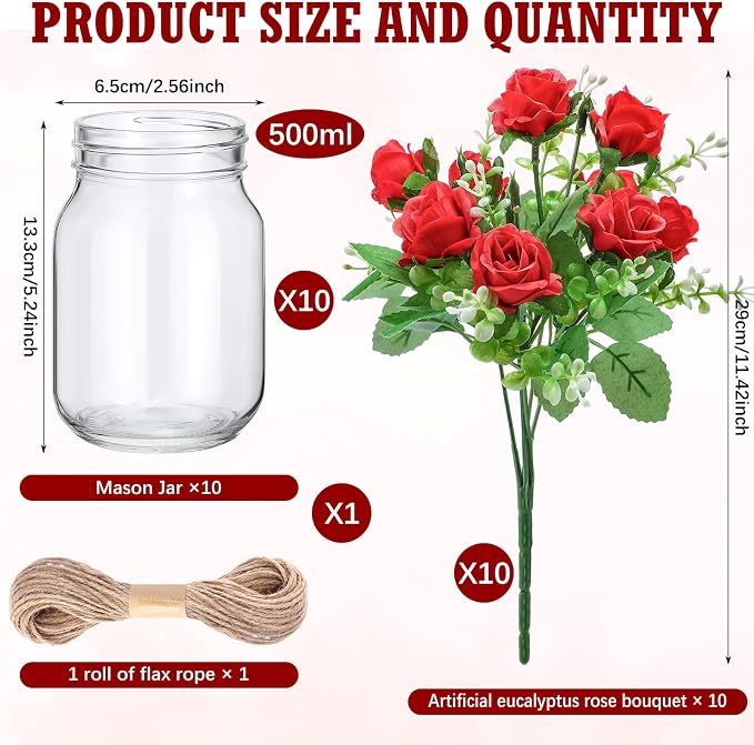 XunYee 10 Set Mason Jar Table Centerpiece with Flower Mason Jar Flower Centerpiece Vases Decor for Engagement Party Bridal Shower Wedding Reception Table Decor(Red,Red Rose)