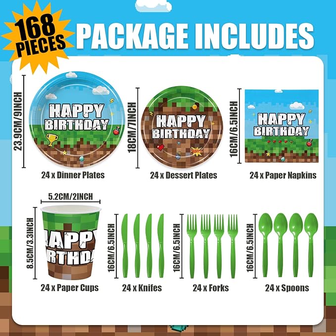 Green and Brown Party Decorations Mini Pixel Paper Plates and Napkins Video Game Themed Birthday Party Decorations Tableware Set for Kids Birthday Decor Serves 24