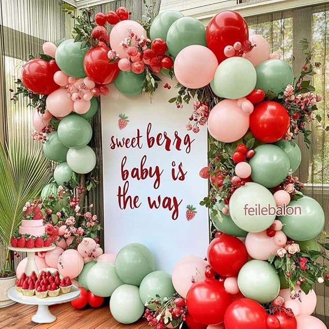Red Pink Green Balloon Arch Double Stuffed Dusty Green, Ruby Red, Pastel Pink Balloon Garland Kit for Cherry on Top Birthday Mothers Day Baby Shower Wedding Summer Party Decoration