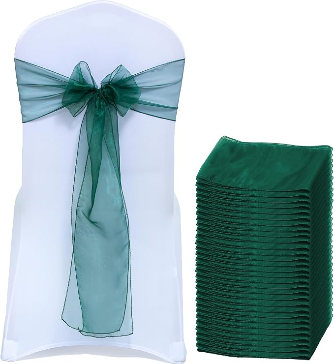 MDS® Pack of 25 Organza Chair Sashes for Wedding Decoration, Reusable Sheer Chair Bows for Banquet Chair Cover, Reception, Bridal Shower, Baby Shower, Birthday Party & Special Events - Hunter Green