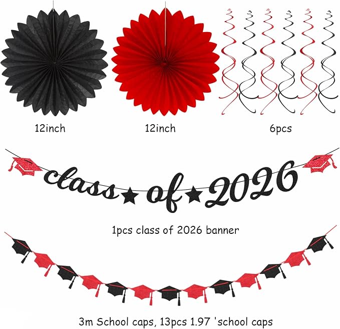 Black-Red 2026 Class-Congratulations Graduation Party-Decorations - 22pcs High School College Grad Prom Supplies Decor, Tissue Pom Poms Streamers, Paper Flowers Lanterns Hugmoon