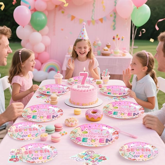 Grencian 96 Pcs Sweet Sassy and 7 Birthday Decorations Donut 7th Birthday Party Decorations for Girls Colorful Donut Plates and Napkins 7 Years Old Disposable Party Supplies Serves 24