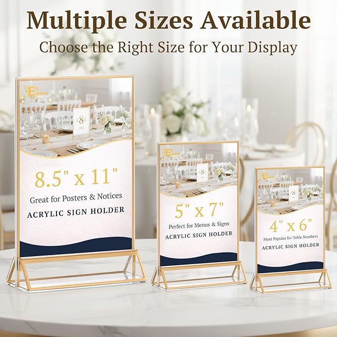 EHWINE 12 Pack Acrylic Sign Holder 4 x 6, Double Sided Gold Picture Frame Stand up Table Top Sign Holders, Clear Display Stand Menu Flyer Holder for Wedding Party