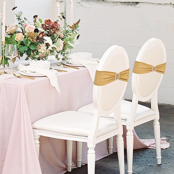 SquarePie Pack of 100 Gold Chair Sashes Bows with Buckle Slider Universal Elastic Spandex Bands Ties for Banquet Event Decor