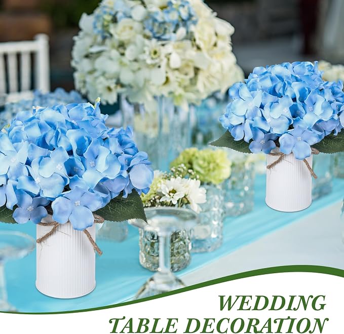 Zeyune Blue 12 Sets Wedding Flower Table Centerpieces Artificial Hydrangeas with Rustic Metal Vase Fake Hydrangea Flowers in Pot Floral Arrangement for Wedding Bridal Tea Party Table Home Decor