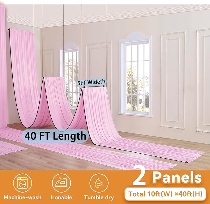10x40ft Pink Ceiling Drapes for Wedding Parties, Wrinkle Free 40ft Extra Long 2 Panels Thick Polyester Wedding Draping Pink Ceiling Curtains Arch Drapery for Birthday Party Canopy Tent Decor