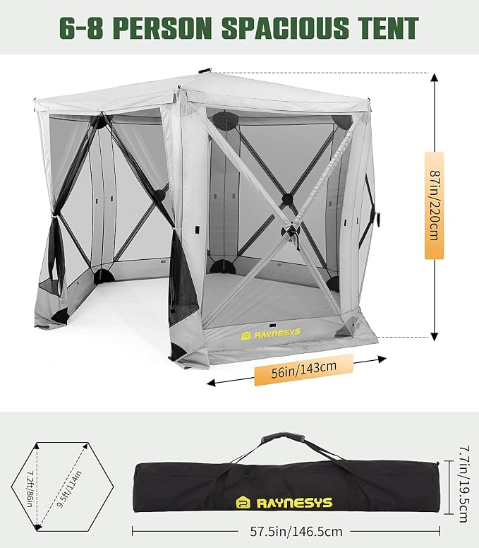 Raynesys 6 Sided Pop Up Gazebo Tent, Camping Screen Tent for 6-8 Person Foldable, Pop-Up Canopy Shelter with Mesh Windows, UV Resistant, Quick Set, Outdoor Gazebo with 6 Removable Wind Cloths, Gray