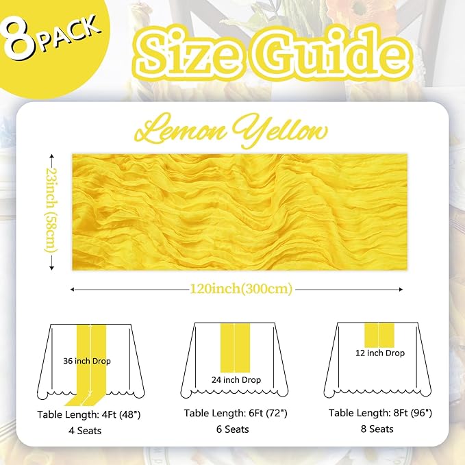 8 Pack Lemon Yellow Cheesecloth Table Runner 10ft Boho Gauze 120 Inch Cheese Cloth Table Runner Rustic Sheer for Spring Holiday Baby Shower Party Décor Home Wedding Decoration