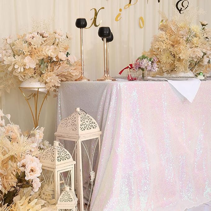 Eternal Beauty White Iridescent Tablecloth, 90x156 Inch Sequin Rectangle Table Cover for Cake Dessert Exhibition Party Birthday Events