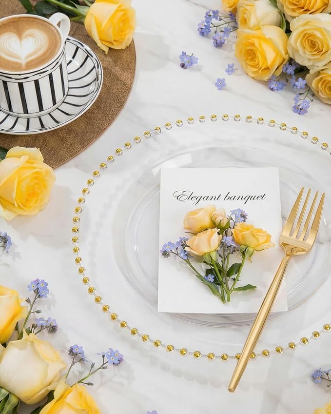 supernal 180Pcs Clear Gold Dinnerware Set,Premium Heavy Duty Clear Plastic Plates with Gold Beads,Clear Disposable Plates with Plastic Silverware and 10oz Cups for Wedding/Party/Valentine's Day