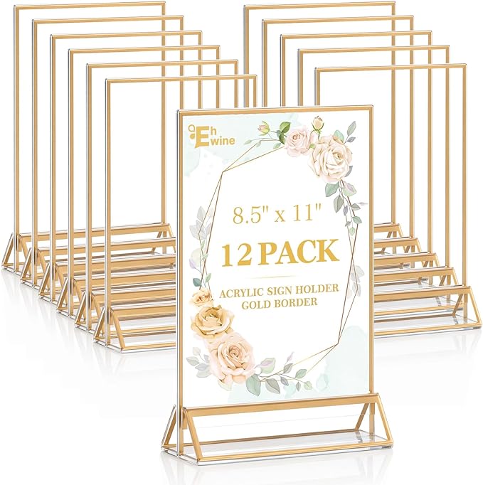 EHWINE 12 Pack Acrylic Sign Holder 8.5 x 11, Double Sided Gold Picture Frame Stand up Table Top Sign Holders, Clear Display Stand Menu Flyer Holder for Wedding Party (Provide Non-slip Mats)