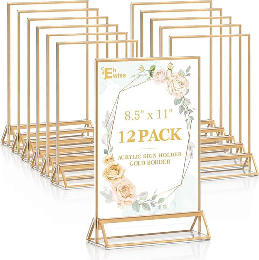 EHWINE 12 Pack Acrylic Sign Holder 8.5 x 11, Double Sided Gold Picture Frame Stand up Table Top Sign Holders, Clear Display Stand Menu Flyer Holder for Wedding Party (Provide Non-slip Mats)