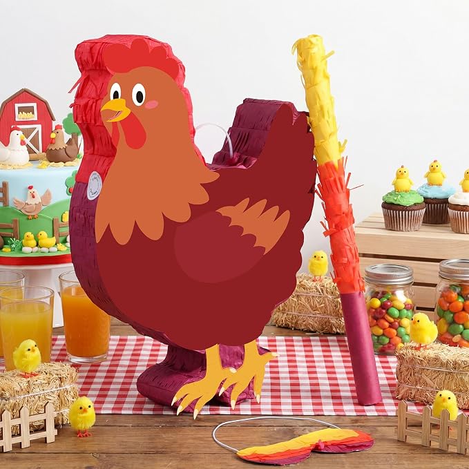 VioraWhite Chicken Birthday Decoration Chicken Piñata Farm Animal Piñata with Blindfold and Bat for Chick Birthday Party Baby Shower Party Decor Supplies Favors