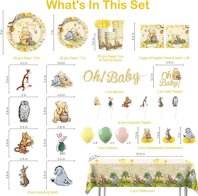 Xynic 201pcs Bear Baby Shower Decorations, Complete Disposable Tableware Set Includes 300gsm Plates Cupcake Toppers and 2 Plastic Tablecloths for Baby Shower and Party, Serves 25