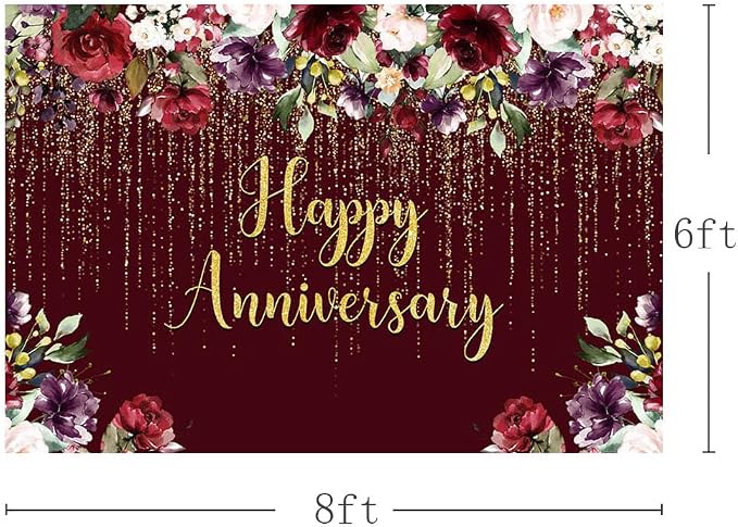 AIBIIN 8x6ft Happy Anniversary Backdrop Gold Glitter Burgundy Wedding Anniversary Photography Background Couple Wedding Women Birthday Floral Party Decorations Cake Smash Decor Studio Photo Backdrop