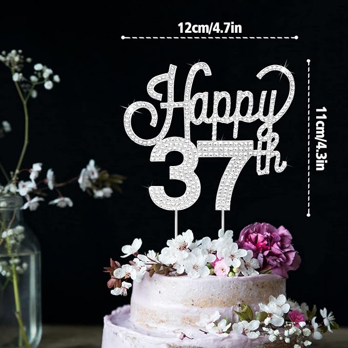 LINGTEER Happy 37th Birthday Silver Rhinestone Cake Topper - Cheers to 37th Birthday 37 Years Old Anniversary Party Cake Centerpieces Topper Decorations Gift Sign.